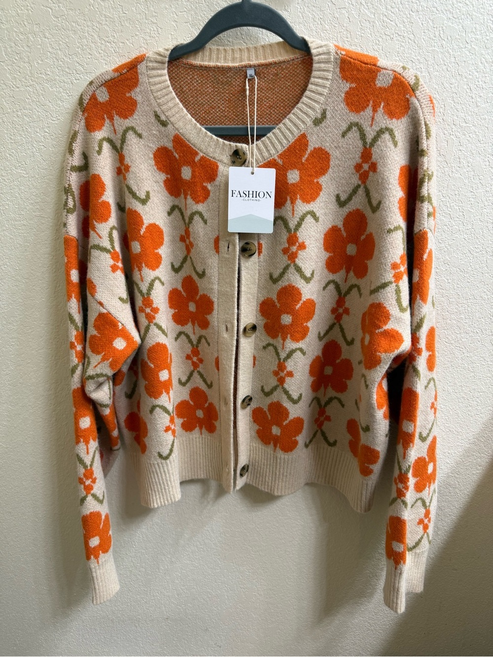 Boutique Beige Button Cardigan Sweater with Orange Floral Pattern